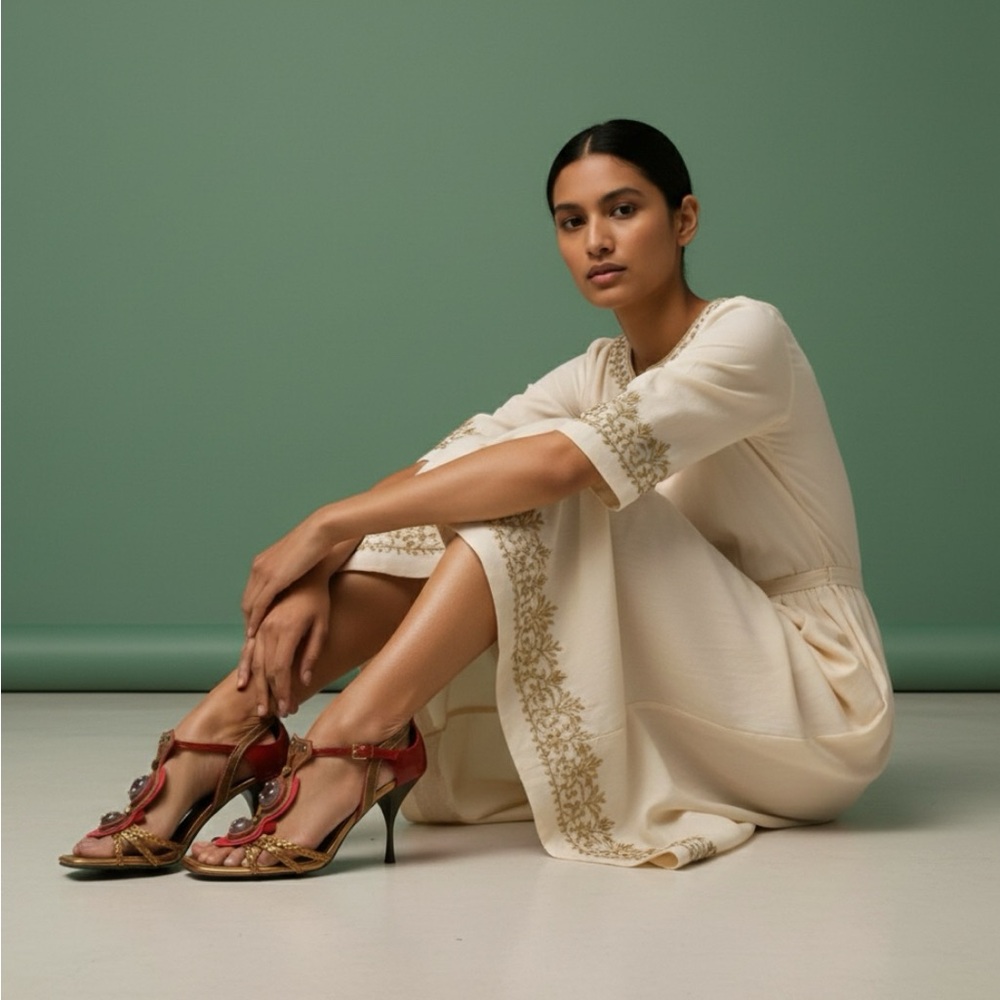 Prada Leather Heel Sandals with Amethyst & Gold-Toned Gem Details